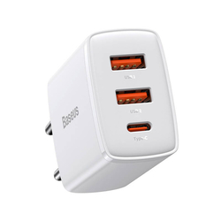 Baseus Compact Quick Charger, 2xUSB, USB-C, PD, 3A, 30W (bílá)