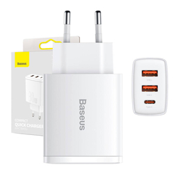 Baseus Compact Quick Charger, 2xUSB, USB-C, PD, 3A, 30W (bílá)