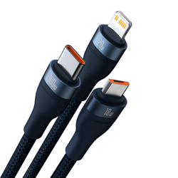 Kabel USB 3v1 Baseus Flash Series 2, USB-C + micro USB + Lightning, 100 W, 1,2 m (modrý)