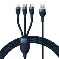 Kabel 3v1 USB Baseus USB 3v1 Baseus Flash Series, USB-C + Micro + Lightning 66W, 1,2 m (modrý)