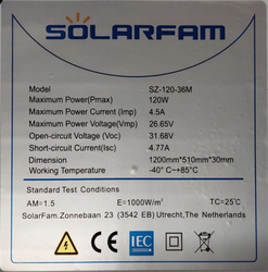 Fotovoltaický solární panel 12V/120W, SZ-120-36M, 1200x510x30mm