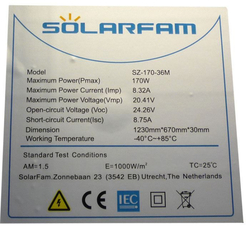 Fotovoltaický solární panel 12V/170W, SZ-170-36M,1230x670x30mm,shingle