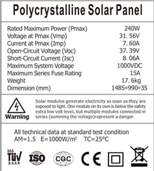 Fotovoltaický solární panel 24V/240W polykrystalický, 1485x990x35mm