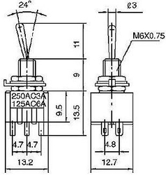 Přepínač pačkový MTS-202, ON-ON, 2pol. 250V/3A