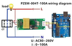 Měřič spotřeby PZEM-004T 80-260VAC 100A, pevná měřící cívka